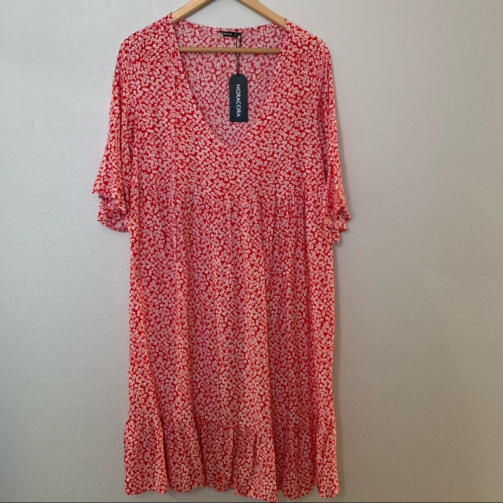 NWT Noracora Red Floral Printed Short Sleeve Vintage Boho Dress Size Large